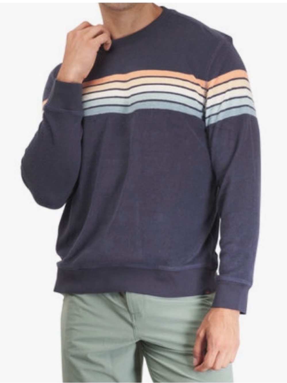 Faherty Towel Terry Crewneck in Navy Blue Stripe Size Large